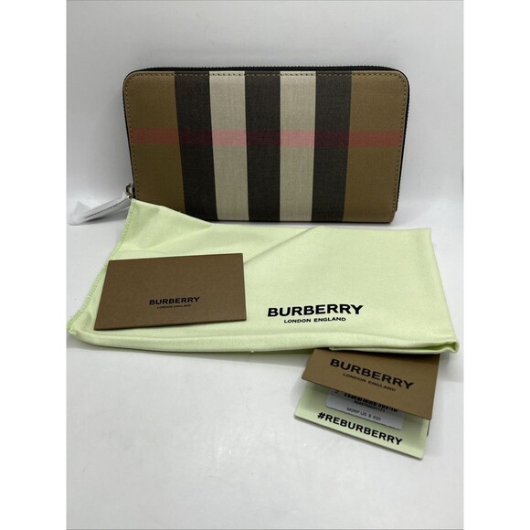NEW Burberry Check Canvas Zip Around Long Wallet Taupe Brown Red 80845601 - Picture 1 of 8